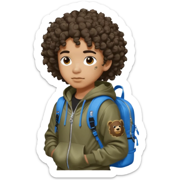 blasian teenager with curly hair, andbape hoodie and sprayground backpack sticker