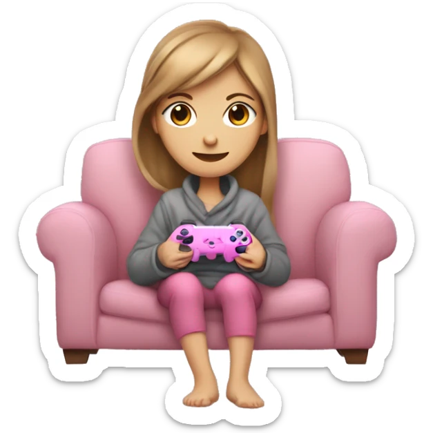 White girl with light brown hair wrapped up in a blanket sitting on a couch with a pink gaming controller in her hands sticker