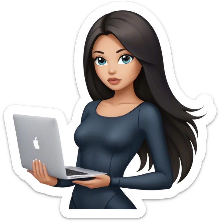 Glamours, tanned, very beautiful girl, with big pump peach-beige-rose lips, black straight smooth silky long hair, straight parting, blue-grey eyes, in black bodysuit holding MacBook sticker