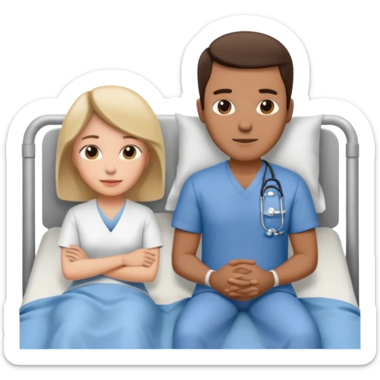 husband in plainclothes sitting beside hospital bed of wife sticker