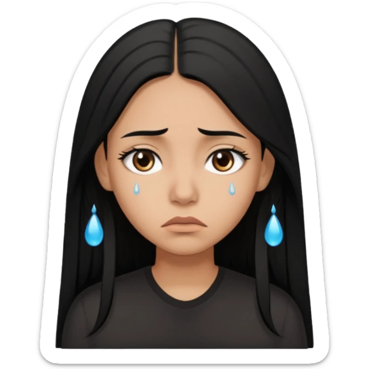 Sad crying woman with long straight black hair, brown skin tone, teardrops on face, worried eyebrows, neutral mouth sticker