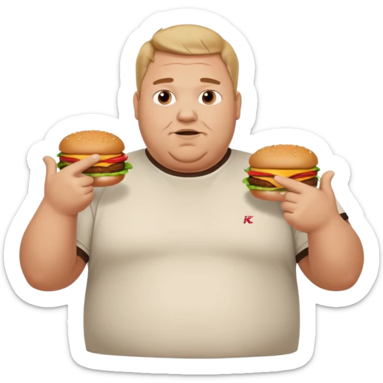 A very fat guy in an Alex Zero T-shirt, holding burgers, giving likes and dislikes, and pointing at KFC. sticker
