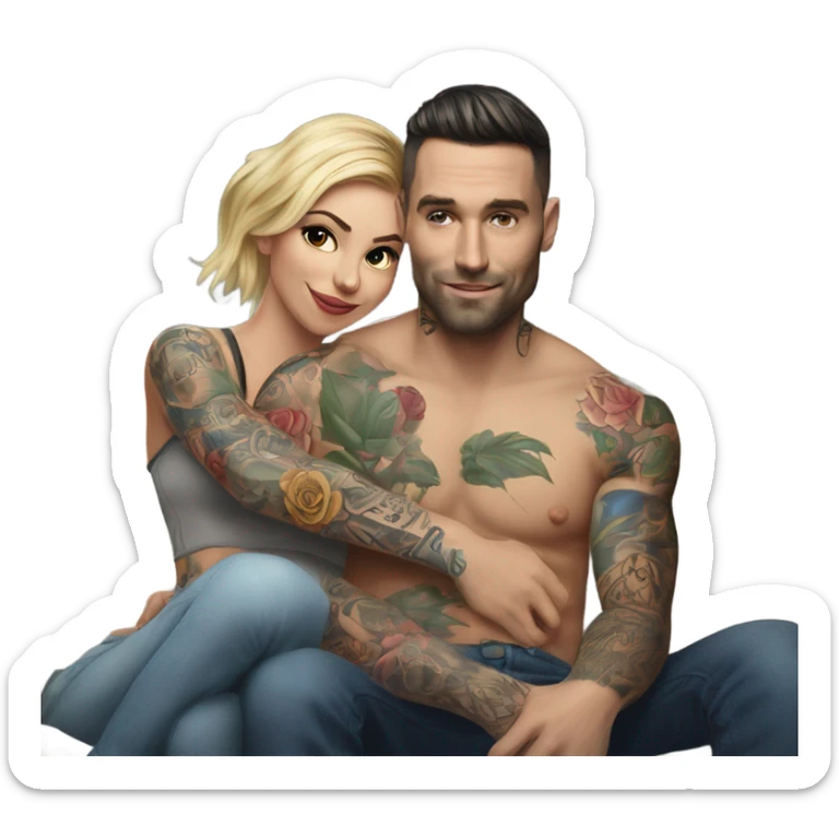 Hyper Realistic beautiful woman in the arms of a very handsome tattooed man on a sofa sticker