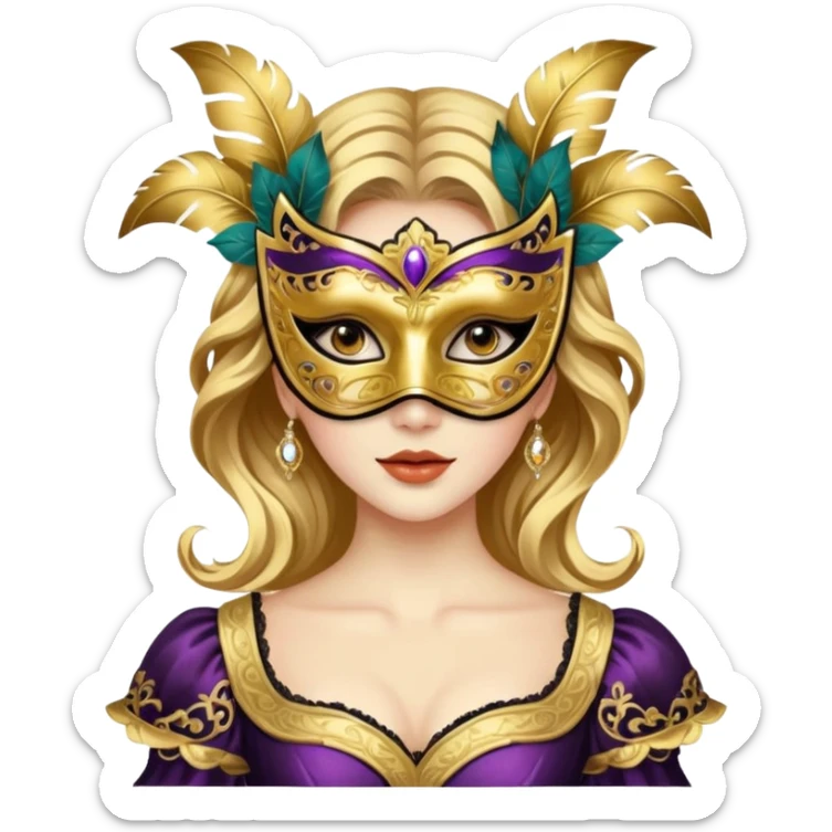 A woman in an ornate gold masquerade mask and elegant outfit, holding the mask delicately. sticker