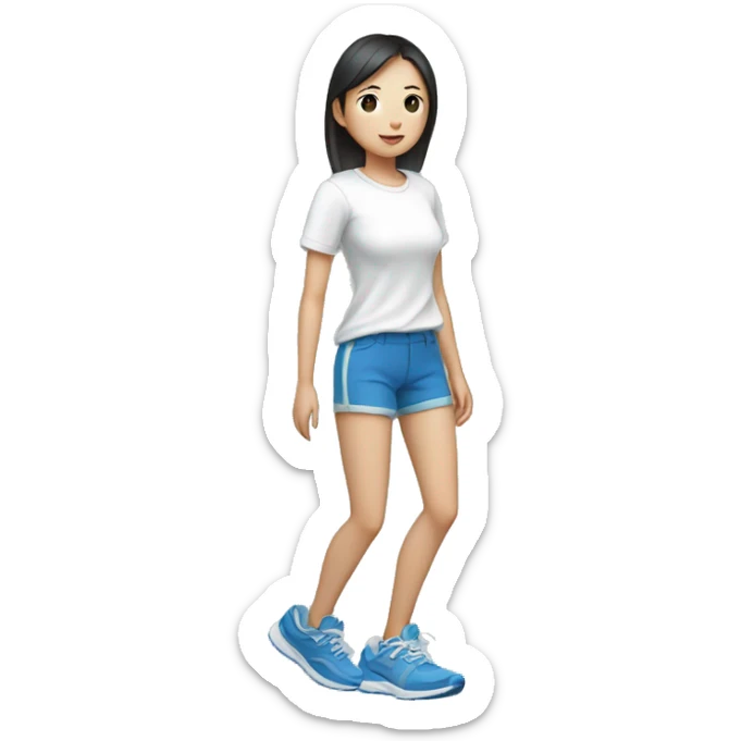 teen asian with short pants, white shirt sarcasm imprint, colorful teel blue running shoe sticker