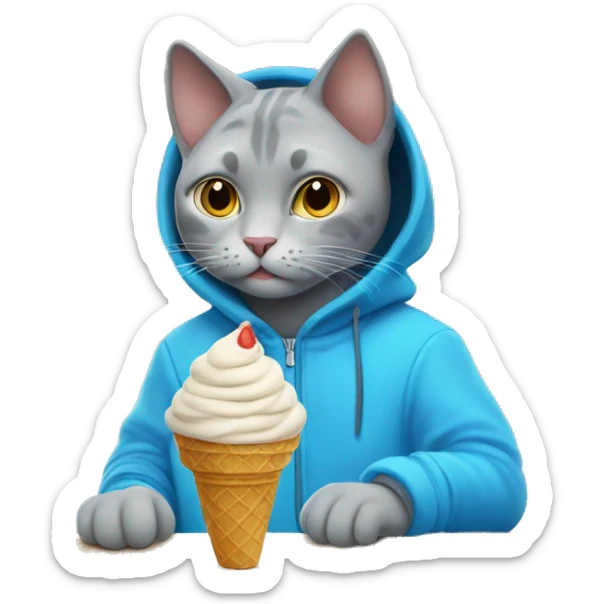 gray cat jumbo wearing blue hoodie and eat ice cream sticker