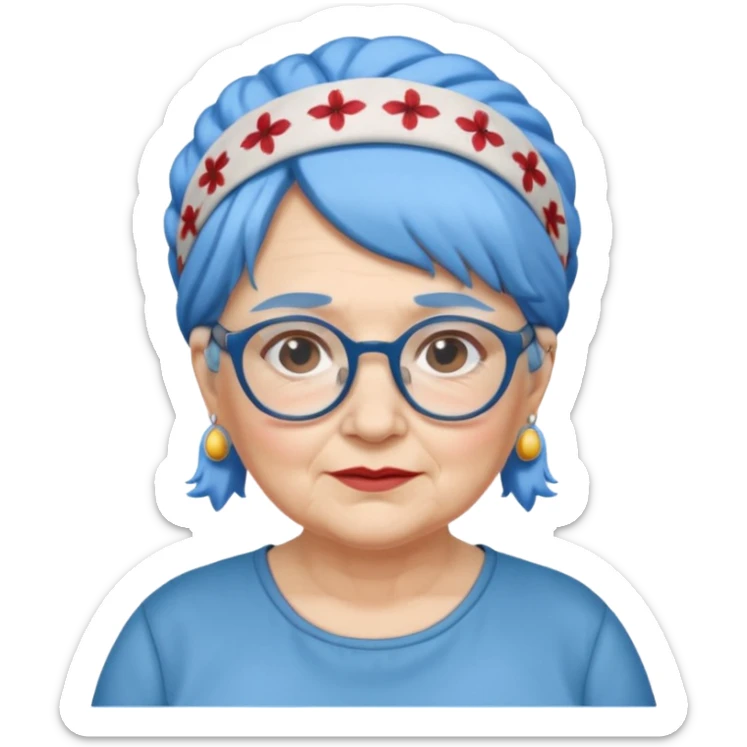 fat old woman with blue hair and glassess and headband sticker