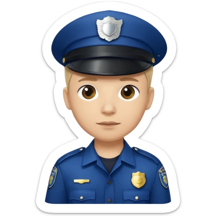 This is a cartoon-style avatar of a police officer with light skin, wearing a dark blue cap featuring a silver badge, and showing a neutral expression. sticker