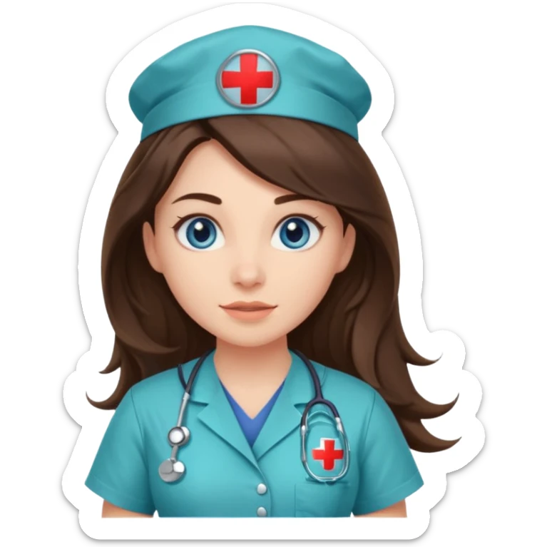 pretty brunette nurse with long hair and blue eyes in dinosaur scrubs sticker
