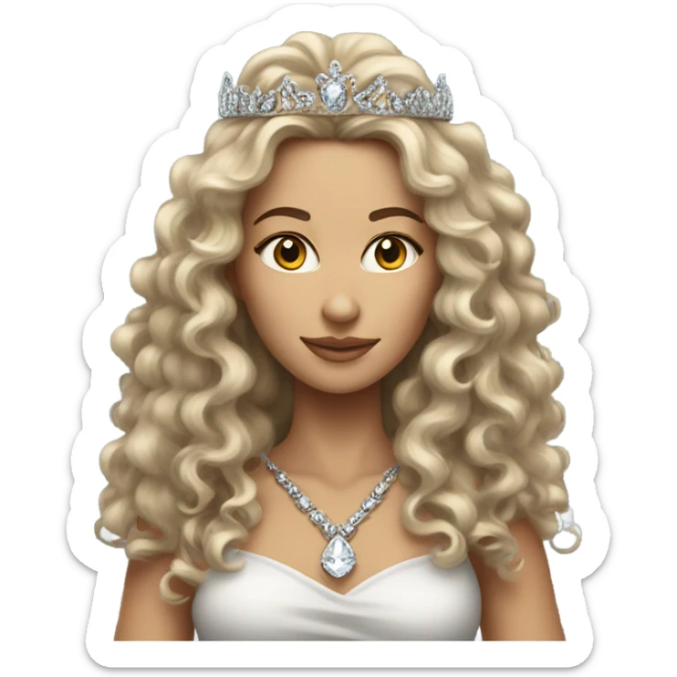 Caucasian curly long hair as she is the queen of rock wearing a tiara and a lot of diamond jewelry sticker