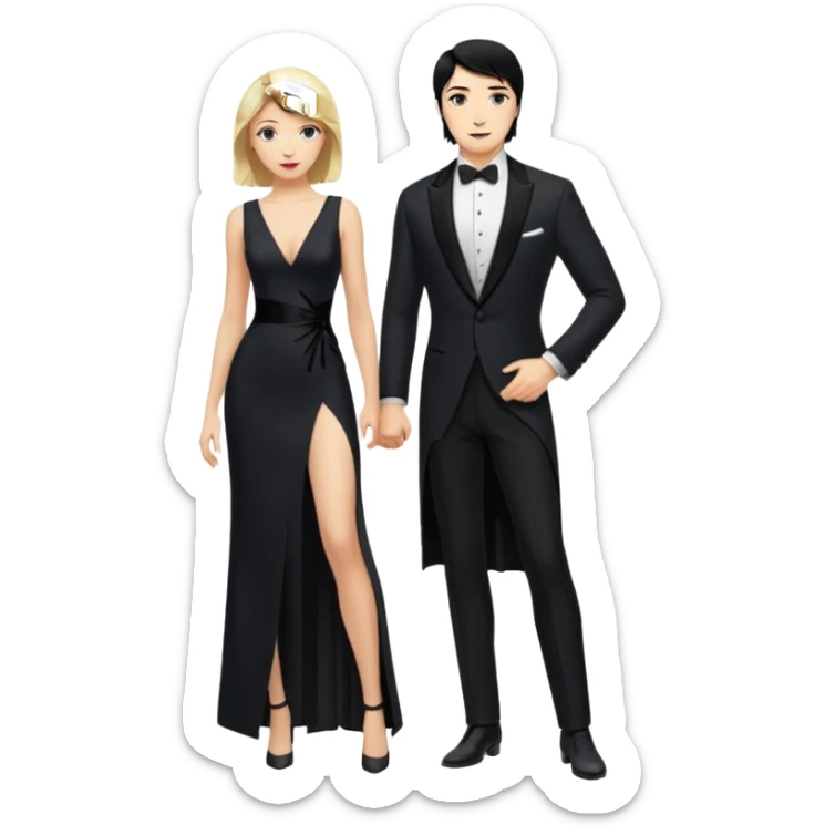 Blonde woman, black, Long, tight, sleveless Dress, Slot left Leg, man, black Hair, in Dinner jacket, Background ballroom sticker