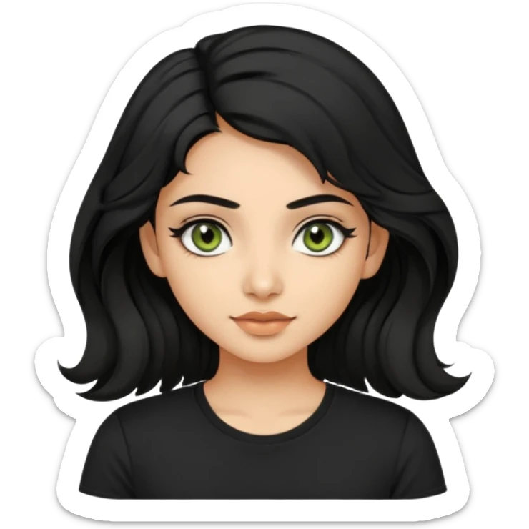 a pretty FAIR indian bratz girl with wavy black hair, wearing a black tshirt. eyeliner on, olive green eyes.  sticker