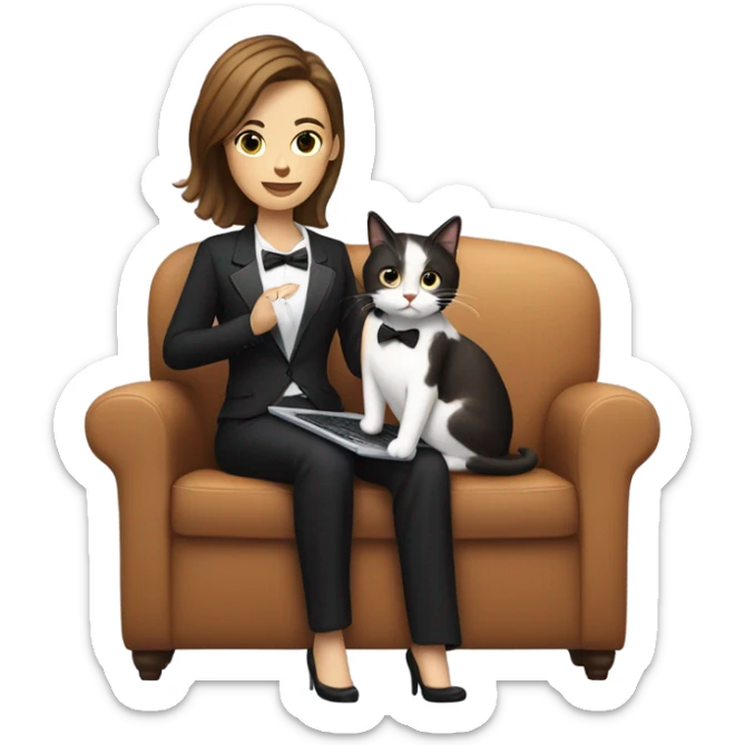 Light skinned woman with brown hair sitting on the couch laptop on her lap next to small black and white tuxedo cat sticker