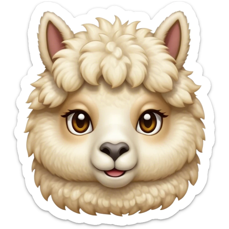 Cinematic Cute Cream Alpaca Portrait Emoji, Head tilted playfully and inquisitively, featuring a fluffy, cream fleece with a natural sheen, round, sparkling gentle eyes filled with curiosity, Simplified yet irresistibly adorable features, highly detailed, glowing with a warm, friendly glow, high shine, affectionate and gentle, stylized with a touch of whimsy, bright and endearing, soft glowing outline, capturing the essence of a mischievous yet loving alpaca, so playful it feels like it could prance out of the screen and into your arms! sticker