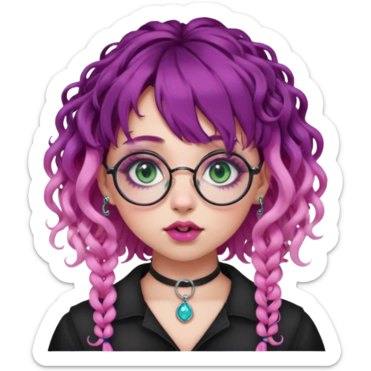 . Gothic girl with pink to violet ombré hair with pink on top, ringlet curly hair, bangs round glasses, septum piercing, nostril piercing, almond eyes, blueish green eyes,heavy eyeliner,  sticker