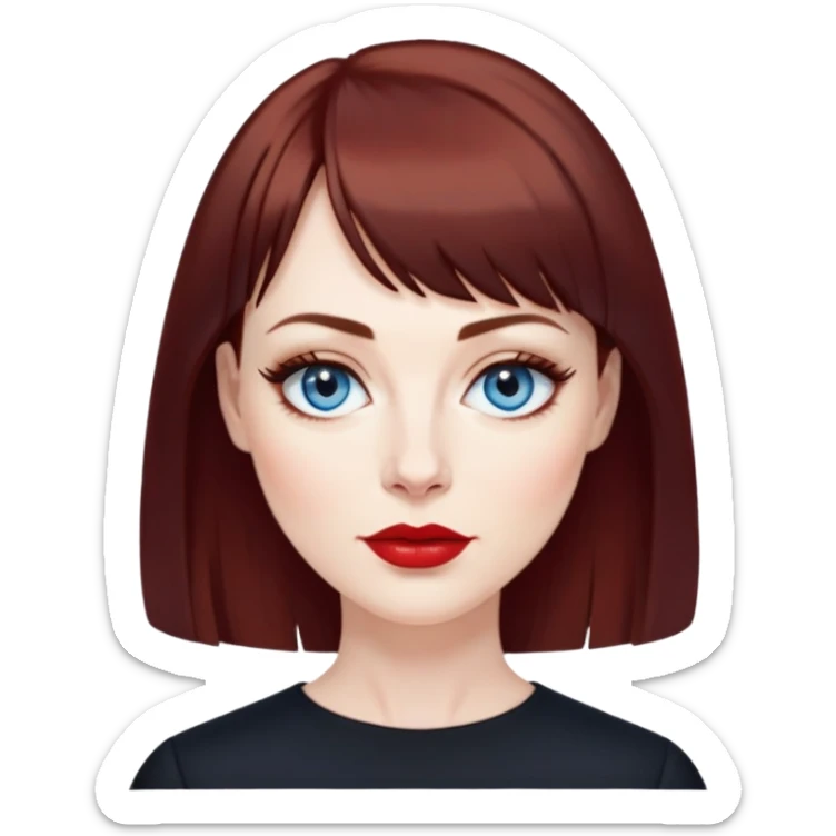 Woman in her late 40s with pale skin, wider face, blue eyes with eyeliner, thin eyebrows, small nose, red lipstick, dark auburn hair with bangs, wearing a black top sticker
