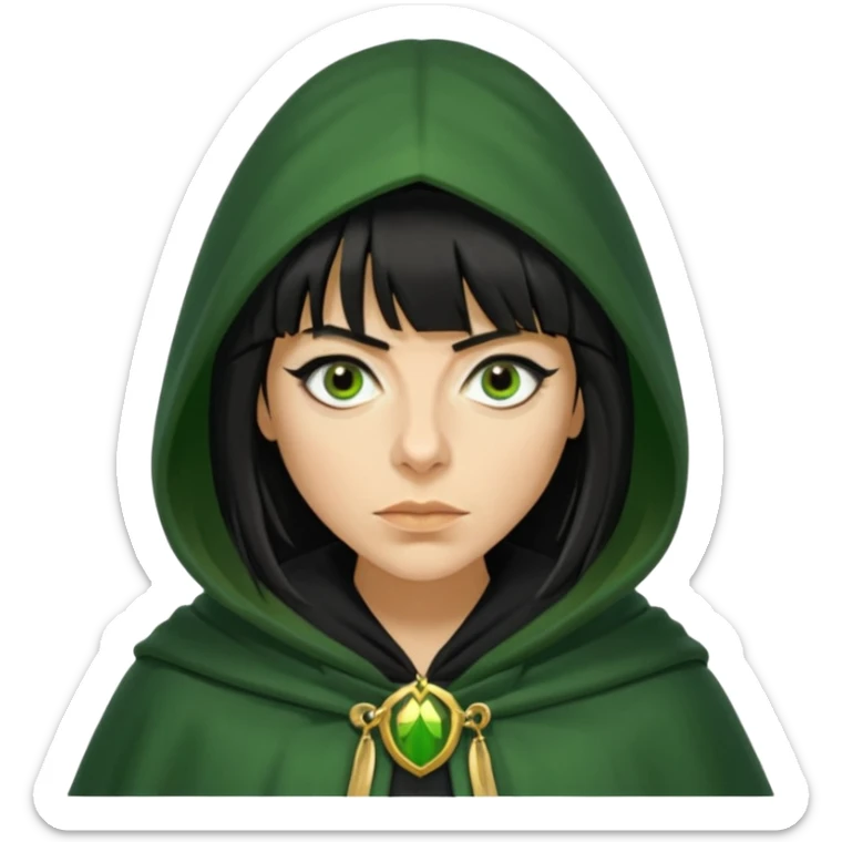claudia winkleman with a heavy fringe as a traitor with a green hooded cloak with a gold clasp and dark black eyeliner sticker