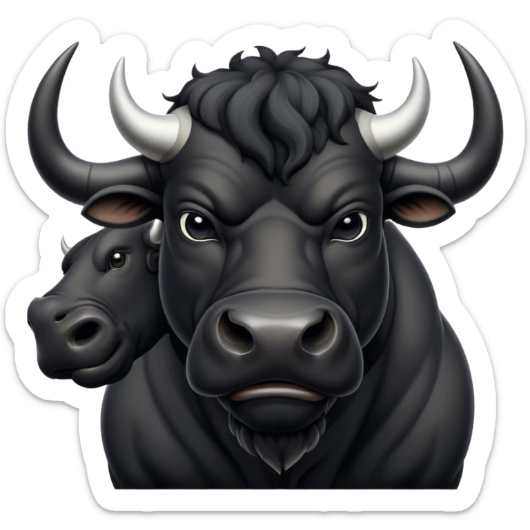 Cinematic Noble Black Bull Portrait Emoji, Poised and regal, with a massive, muscular build and a sleek, well-groomed pure black hide, deep-set soulful dark eyes, Simplified yet sharp and sophisticated features, highly detailed, glowing with a soft, dignified glow, high shine, intelligent and formidable, stylized with an air of strength, focused and attentive, soft glowing outline, capturing the essence of a watchful and confident guardian, so majestic it feels as though it could charge out of the screen with effortless authority! sticker