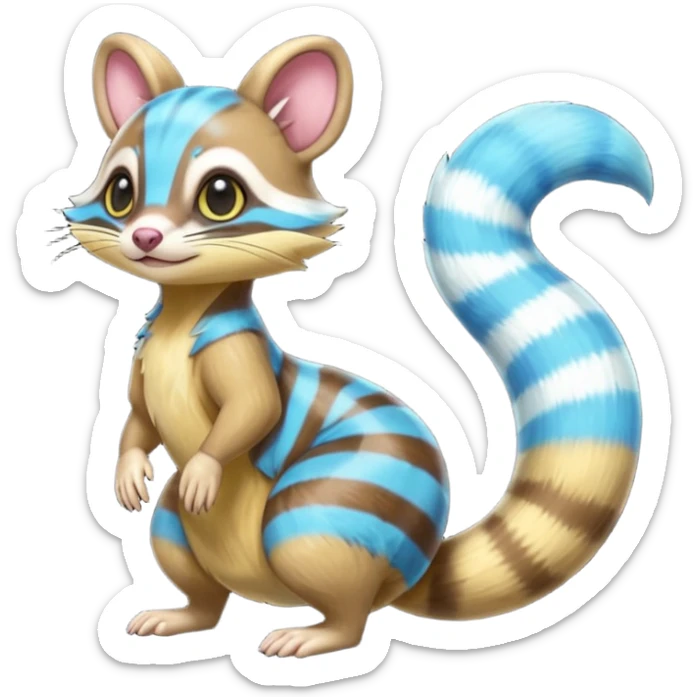 Neon-yellow and neon-cobalt-blue- and cyan-gradients-striped Furret-Sentret-Genet-Cacomistl-hybrid-fusion (full body) sticker