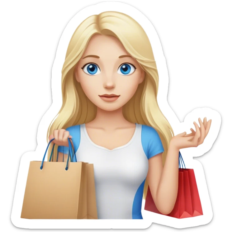 Cinematic realistic blonde with long hair, blue eyes goes shopping in her hands sticker