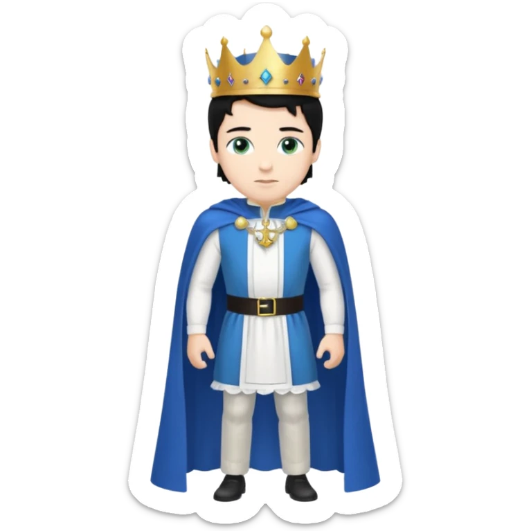 Prince with crown, blue cape and trousers, body and legs, black hair, blue eyes and maid, blonde hair, green eyes, sexy white short sleveless dress,  sticker