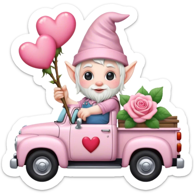 An adorable little pale pink Valentine’s Day style gnome with a rose and hearts in the background riding in the back of a beat up old pick up truck sticker