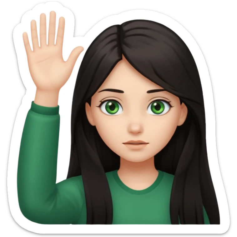 Animated girl dark long hair green eyes emoji holding right side of the head with her hand with duh facial expression , hand on her head sticker