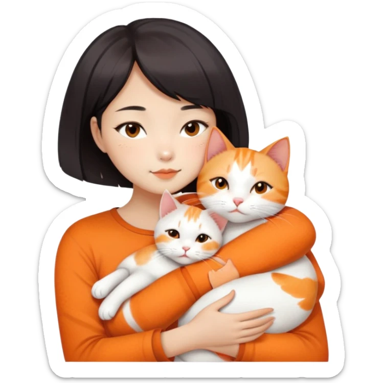 Oriental Asian girl with short bob haircut snuggling with an orange and white cat, cat is mostly white with orange patches, the girl is holding the cat lovingly sticker