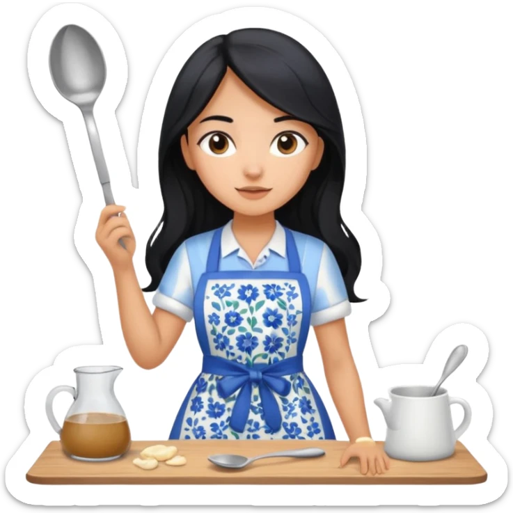 Girl with tan skin long black hair, in a blue and white floral apron, with a mixing spoon in hand  sticker