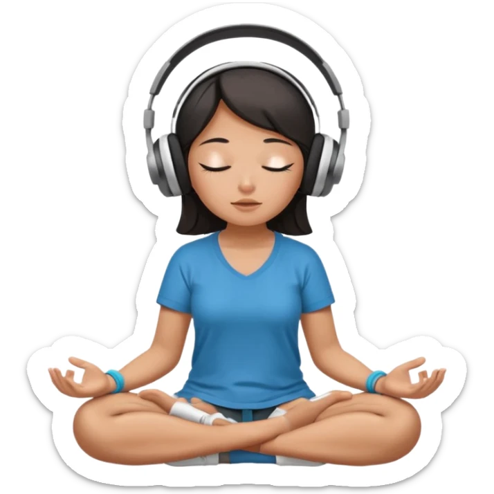 An East Asian woman🧘🏻‍♀️ is sitting cross-legged in a meditation pose, wearing Apple headphones🎧 and listening to music. The song is so beautiful that she has her eyes closed and tears streaming down her face. sticker