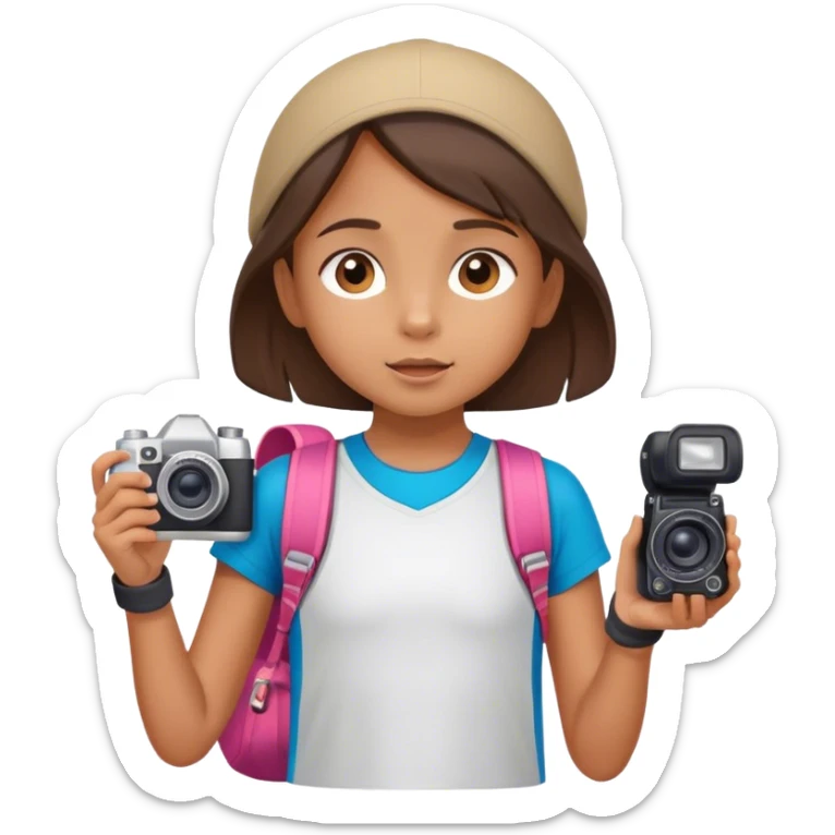 little tourist girl with camera and sportswear looking up sticker