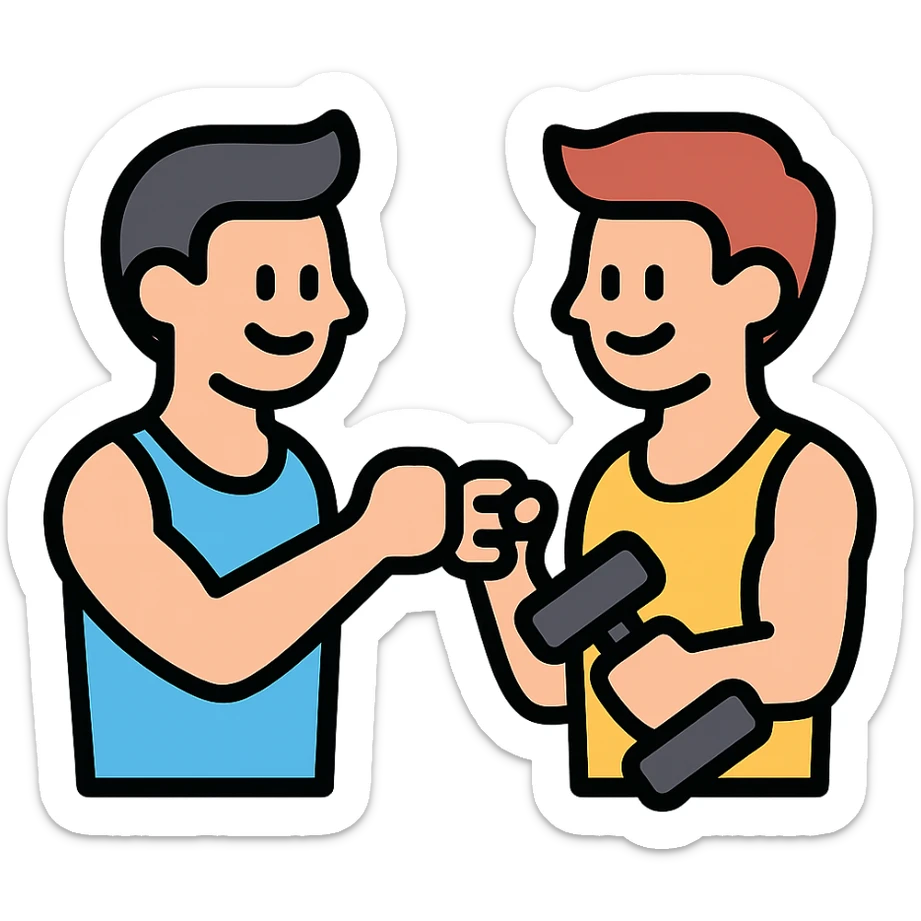 two gym buddies meeting and smiling, clean lines, fitness theme, icon style sticker