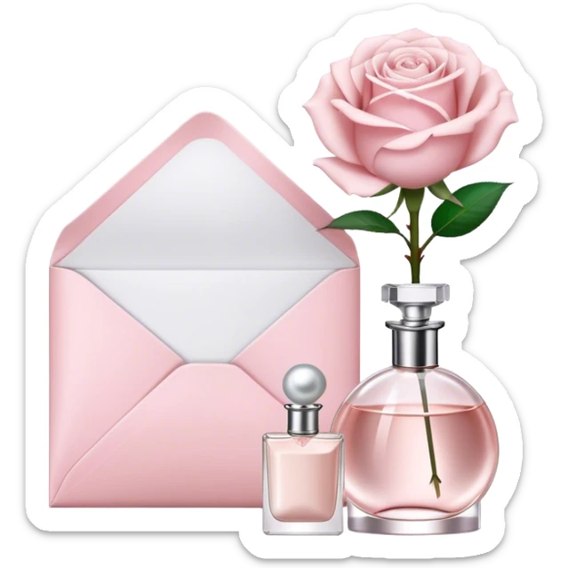 white rose next to a pearl-colored envelope and a flacon of aesthetically pleasing perfume in powder pink  sticker