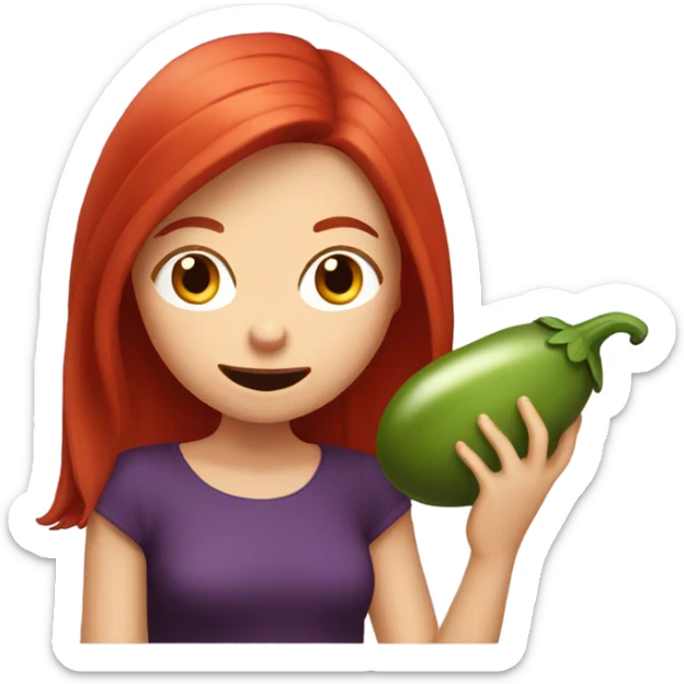 Red haired girl holding eggplant near mouth pretending to taste it sticker
