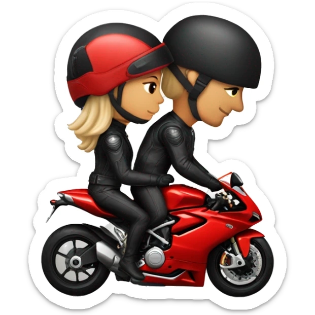 A biker couple wearing black helmet not showing face, in a red ducati 1098 motorcycle  sticker