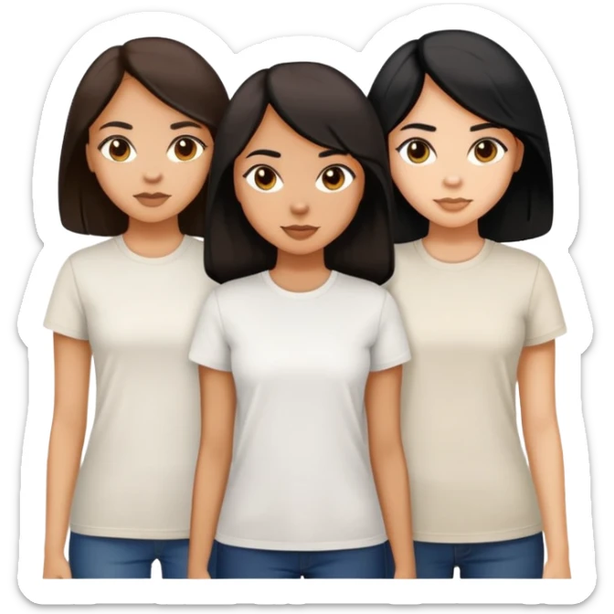 Three women, light skin with long dark brown hair, tan skin long black hair, and tan skin dark brown short hair, white tee sticker
