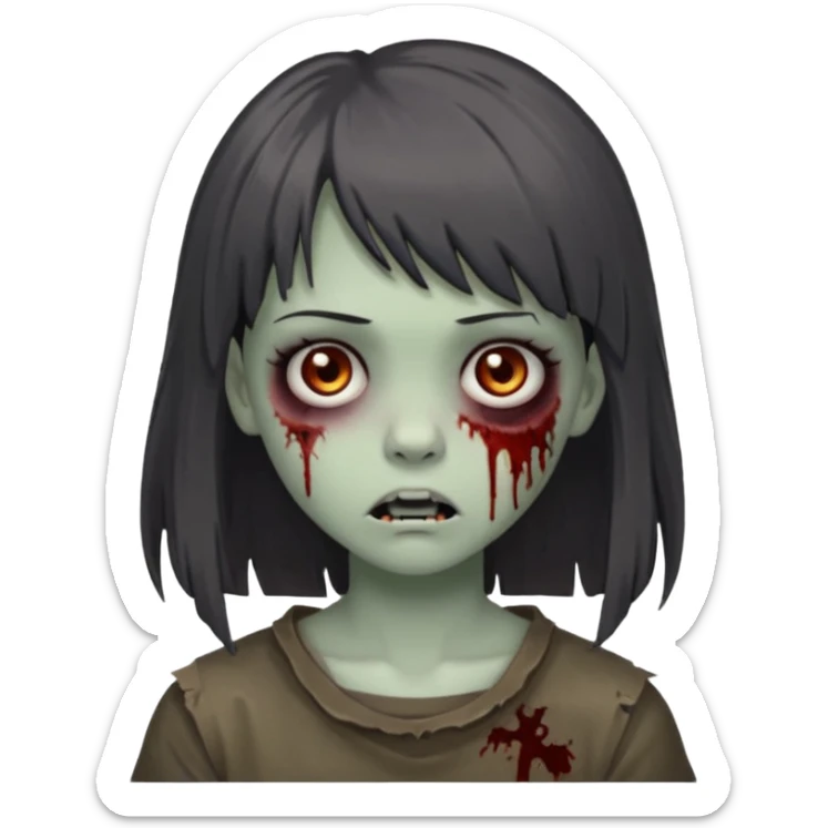 zombie girl dark hair long her shoulders bangs and ragged haircut gray eyes sticker