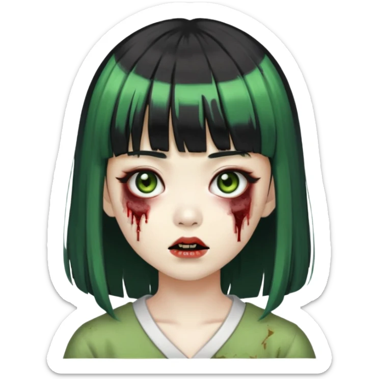 zombie green girl asian with bangs black and long hair black and brown eyes sticker