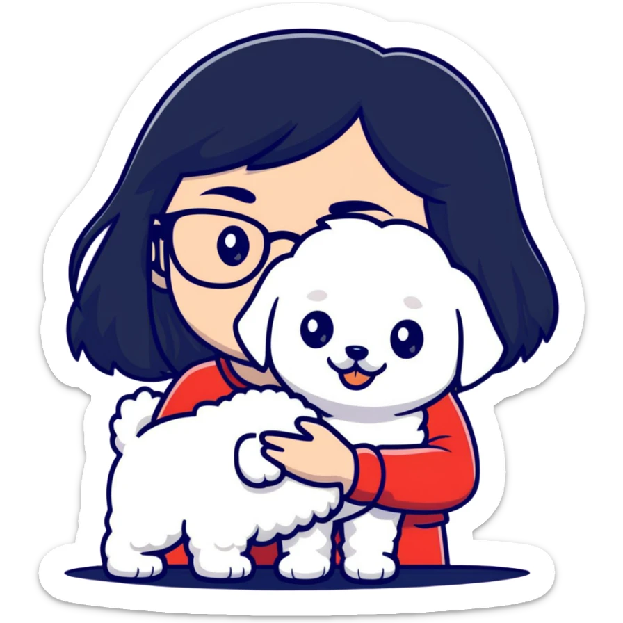 Girl with long black hair and glasses holding a white Bichon Frise dog sticker