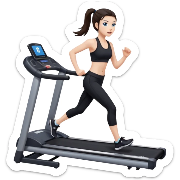 A girl with fair skin and a caring blush. Her eyes are big, expressive, blue. Her hair is long, straight, dark brown. 

 in a ponytail 

running on a treadmill, she is wearing black leggings and a black sports bra sticker