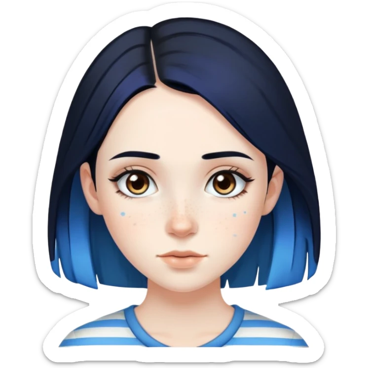 Pale girl with freckles and brown eyes, black hair, with two strips of blue hair sticker