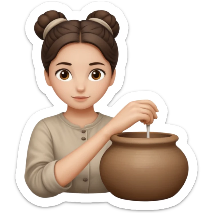Brunette girl with a bun, behind the potter's wheel, wearing neutral clothing sticker