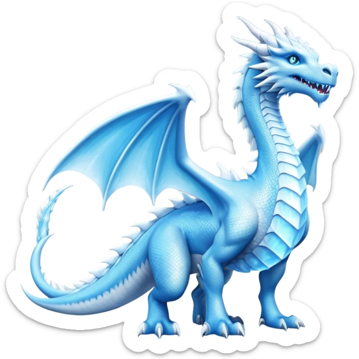 Cinematic Noble wise elegant Ice Dragon full body  Emoji, Poised and imposing, distinct long elegant snout, with a slender, scaled body shimmering in glacial hues of icy blue, frostbitten silver, and crystalline white, breathing out frost, with piercing, glowing ice blue white eyes that radiate the chilling depths of an arctic storm; rendered in detail. excuding wisdom sticker