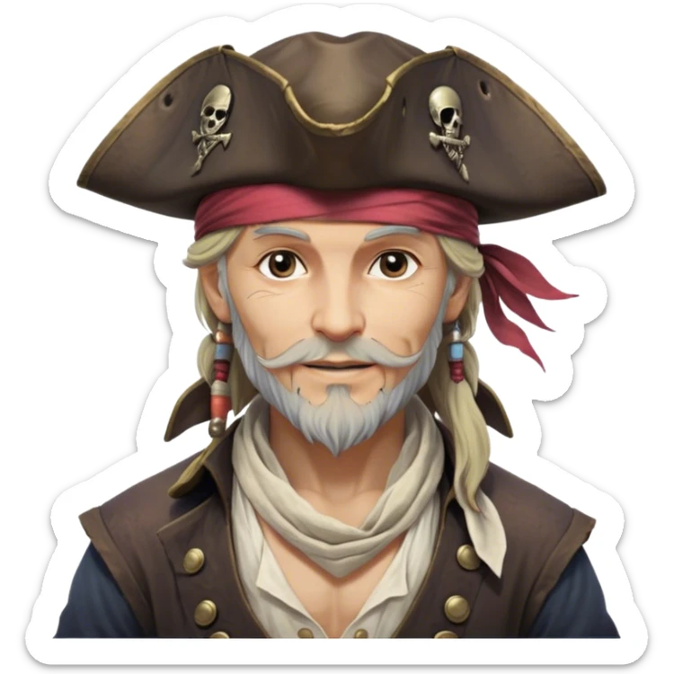 Clash of Clans aesthetic: Beautiful and Majestic Pirate Portrait Emoji, Rendered in serene confidence with a gentle, enigmatic smile and a regal tricorn hat, showcasing a distinguished, weathered build with a timeless bandana and soft, wise eyes in natural skin tone, Simplified yet exquisitely endearing features, highly detailed, glowing with a soft, drowsy maritime light, high shine, calm and heroic, stylized with an air of legendary seafaring elegance, soft glowing outline, capturing the essence of a majestic pirate whose noble spirit inspires epic adventures! sticker