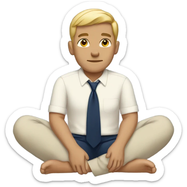man meditating sitting down with cream dress shirt and navy blue pants . no tie sticker