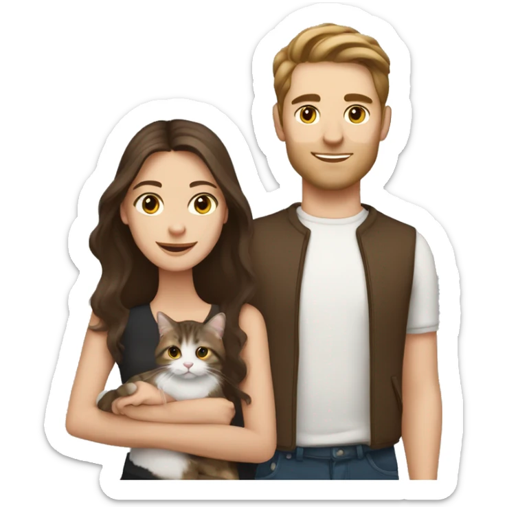 Long Brown hair girl and brunette white brunette man holding tabby cat  sticker