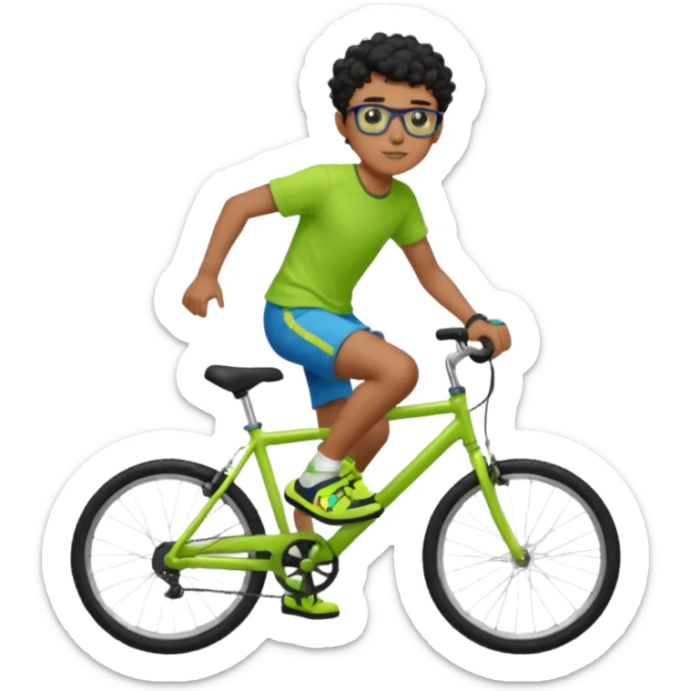 Menino pardo com cabelo curto cacheado preto raspado dos lados, de óculos preto quadrado e blusa verde e amarela bermuda preta e chinelo azul andando de biblicleta verde neon sticker
