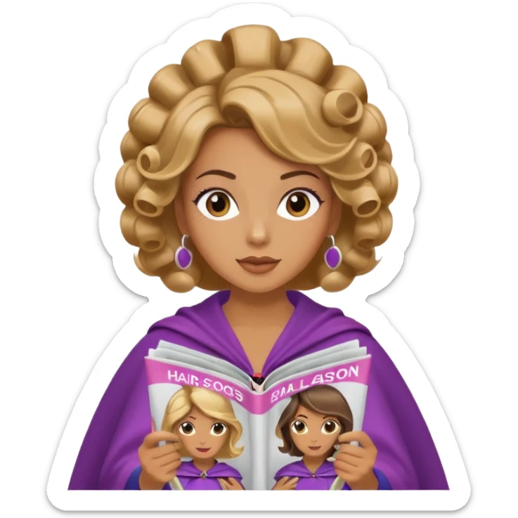 mujer en la peluquería con rulos en la cabeza y leyendo una revista sticker
