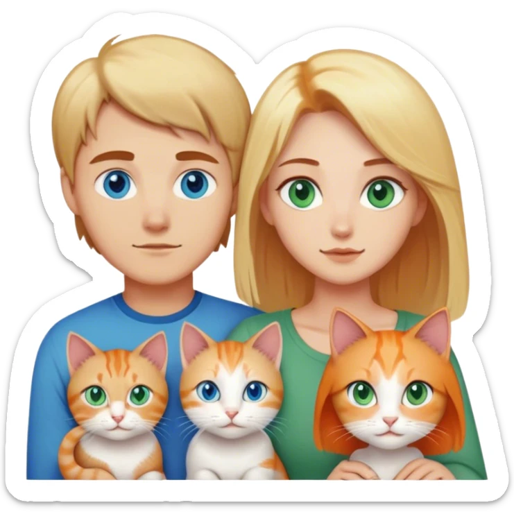 A family with a younger man with blue eyes and short brown hair, a younger woman with blue eyes, mid length blonde hair, and big breasts. And a cat with long hair that is a mix between orange and cream and green eyes sticker