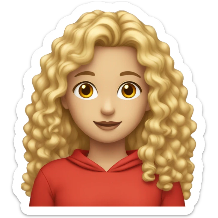 Girl with long blonde curly hair and hazel eyes and a red sweatshirt sticker